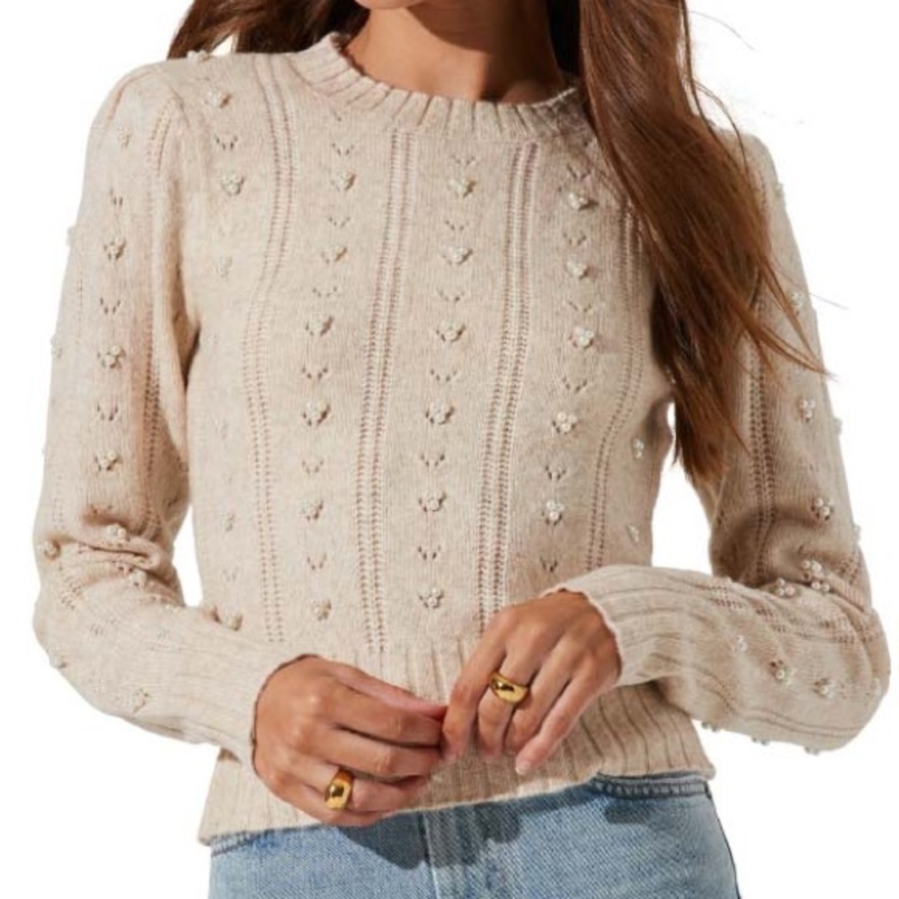 ASTR the Label Pearl Embellished Cable-Knit Sweater in Baby Pink size Small